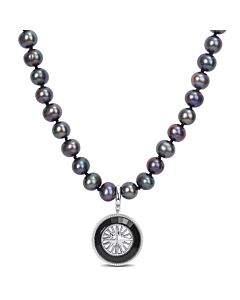 Amour 7-7.5mm Black Cultured Freshwater Pearl and 8 CT TGW Black Agate Men's Necklace with Large Lobster Clasp in Sterling Silver
