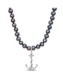 Amour 7-7.5mm Black Cultured Freshwater Pearl Men's Necklace with Large Lobster Clasp in Sterling Silver