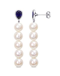 AMOUR 7-7.5mm Cultured Freshwater Pearl and 2 1/3 CT TGW Created Blue Sapphire Linear Earrings In Sterling Silver