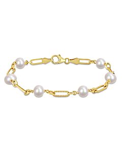 AMOUR 7-7.5mm Cultured Freshwater Pearl Station Link Bracelet In Yellow Plated Sterling Silver