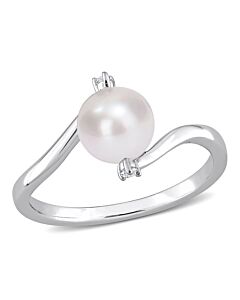 Amour 7-7.5mm Freshwater Cultured Pearl and Created White Sapphire Bypass Ring in Sterling Silver