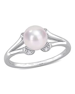 Amour 7-7.5mm Freshwater Cultured Pearl and Created White Sapphire Split-Shank Ring in Sterling Silver