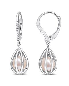 AMOUR 7-7.5mm Freshwater Cultured Pearl and Diamond Accent Pearl Leverback Earrings In Sterling Silver