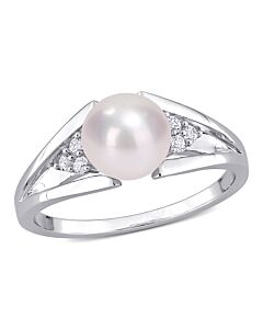 Amour 7-7.5mm Freshwater Cultured Pearl and Diamond Accent Split-Shank Ring in Sterling Silver