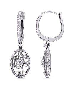 AMOUR 7/8 CT TW Diamond Filigree Halo Leverback Earrings In 14K White Gold