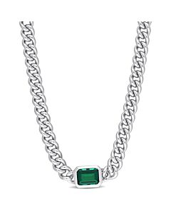 AMOUR 7/8 CT TGW Octagon Created Emerald Curb Link Chain Necklace In Sterling Silver