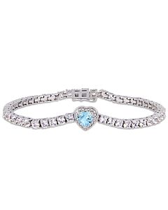 Amour 8-1/2 CT TGW Sky-Blue Topaz and Created White Sapphire Stationed Halo Heart Tennis Bracelet in Sterling Silver JMS005250