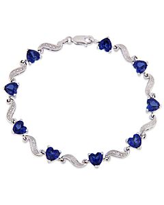 Amour 8 1/5 CT TGW Created Blue Sapphire and Diamond Accent Heart Link Tennis Bracelet in Sterling Silver JMS005245