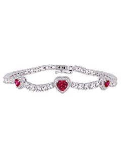 Amour 8-2/5 CT TGW Created Ruby and Created White Sapphire Stationed Triple Halo Heart Tennis Bracelet in Sterling Silver JMS005224