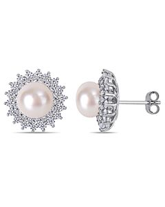 AMOUR 8.5 - 9 Mm Cultured Freshwater Pearl and 1 5/8 CT TGW Cubic Zirconia Floral Halo Stud Earrings In Sterling Silver