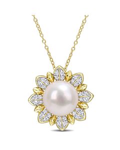 AMOUR 8.5-9 Mm Cultured Freshwater Pearl and 1 CT TGW White Topaz Floral Pendant with Chain In Yellow Plated Sterling Silver