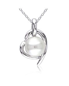 AMOUR 8.5 - 9 Mm White Cultured Freshwater Pearl and Diamond Heart Pendant with Chain In Sterling Silver