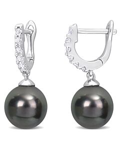 AMOUR 8.5-9mm Black Tahitian Pearl and 3/8 CT TGW White Topaz Drop Cuff Earrings In Sterling Silver