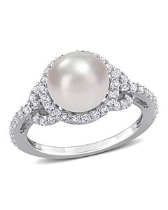 Amour 8.5-9mm Cultured Freshwater Pearl and 3/4 CT TGW White Topaz Halo Ring in Sterling Silver