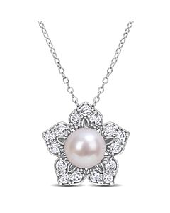 AMOUR 8-9mm White Freshwater Cultured Pearl and 1 1/3CT TGW Created White Sapphire Flower Pendant with Chain In Sterling Silver