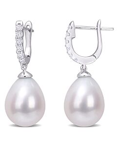 AMOUR 8.5-9mm Freshwater Cultured Pearl and 1/5 CT TGW Cubic Zirconia Drop Cuff Earrings In Sterling Silver