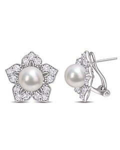 AMOUR 8.5-9mm Freshwater Cultured Pearl and 2 3/4 CT TGW Created White Sapphire Floral Earrings In Sterling Silver