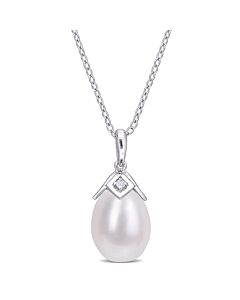 AMOUR 8.5-9mm Freshwater Cultured Pearl and Created White Sapphire Drop Pendant with Chain In Sterling Silver