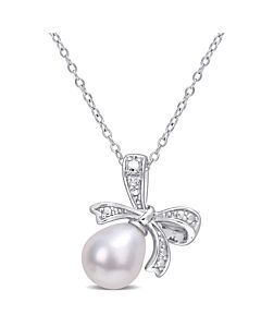 AMOUR 8.5-9mm Freshwater Cultured Pearl and Diamond Accent Bow Pendant with Chain In Sterling Silver