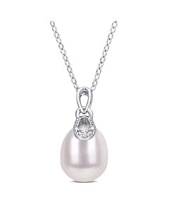AMOUR 8.5-9mm Freshwater Cultured Pearl and Diamond Accent Drop Pendant with Chain In Sterling Silver