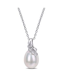 AMOUR 8.5-9mm Freshwater Cultured Pearl and Diamond Accent Drop Pendant with Chain In Sterling Silver