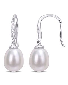 AMOUR 8.5-9mm Freshwater Cultured Pearl and Diamond Accent Shepherd Hook Earrings In Sterling Silver