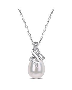 AMOUR 8.5-9mm Freshwater Cultured Pearl and Diamond Accent Twisted Drop Pendant with Chain In Sterling Silver