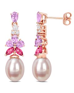 AMOUR 8.5-9mm Pink Freshwater Cultured Pearl 2 3/8 CT TGW Rose De France and White and Pink Topaz Floral Drop Earrings In Rose Plated Sterling Silver