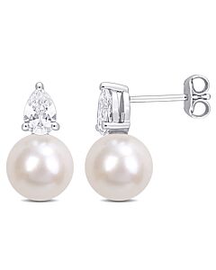 AMOUR 8.5-9mm White Freshwater Cultured Pearl and 1 1/3 CT TGW Created White Sapphire Stud Earrings In Sterling Silver