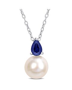 AMOUR 8.5-9mm White Freshwater Cultured Pearl and 5/8 CT TGW Created Blue Sapphire Solitaire Pendant with Chain In Sterling Silver