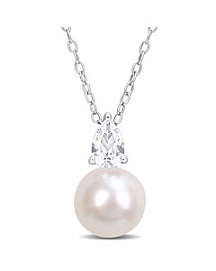 AMOUR 8.5-9mm White Freshwater Cultured Pearl and 5/8 CT TGW Created White Sapphire Solitaire Pendant with Chain In Sterling Silver