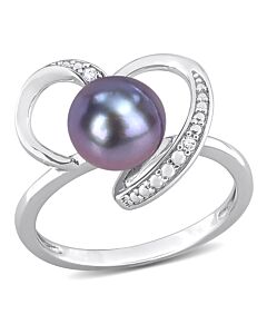 Amour 8 - 8.5 MM Black Freshwater Cultured Pearl and Diamond Accent Heart Ring in Sterling Silver