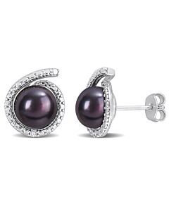 AMOUR 8-8.5mm Black Freshwater Cultured Pearl and Diamond Accent Swirl Stud Earrings In Sterling Silver