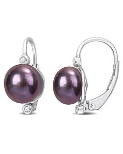 AMOUR 8-8.5mm Black Freshwater Cultured Pearl and Diamond Accent Leverback Earrings In Sterling Silver
