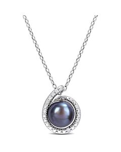 AMOUR 8-8.5mm Black Freshwater Cultured Pearl and Diamond Accent Swirl Pendant with Chain In Sterling Silver