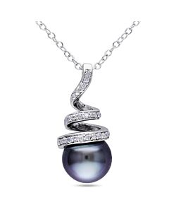 AMOUR 8 - 8.5 Mm Black Tahitian Cultured Pearl and 1/10 CT TW Diamond Spiral Pendant with Chain In Sterling Silver