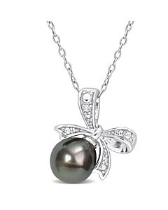 AMOUR 8-8.5mm Black Tahitian Cultured Pearl and Diamond Accent Bow Pendant with Chain In Sterling Silver
