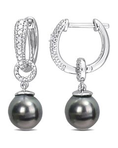 AMOUR 8-8.5mm Black Tahitian Cultured Pearl and Diamond Accent Drop Huggie Earrings In Sterling Silver