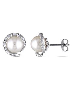 AMOUR 8 - 8.5 Mm White Cultured Freshwater Pearl and 1/10 CT TW Diamond Earrings In Sterling Silver