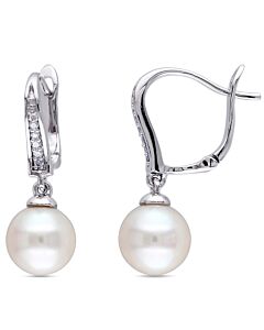 AMOUR 8 - 8.5 Mm White Cultured Freshwater Pearl and Diamond Drop Leverback Earrings In Sterling Silver