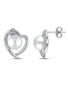 AMOUR 8 - 8.5 Mm White Cultured Freshwater Pearl and Diamond Heart Stud Earrings In Sterling Silver