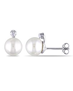 AMOUR 8 - 8.5 Mm White Cultured Freshwater Pearl and Diamond Stud Earrings In Sterling Silver