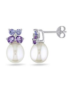 AMOUR 8 - 8.5 Mm White Cultured Freshwater Pearl, Diamond, Tanzanite and Amethyst Stud Earrings In Sterling Silver