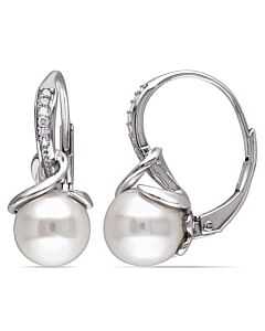 AMOUR 8 - 8.5 Mm White Cultured Freshwater Pearl and Diamond Twist Leverback Earrings In Sterling Silver