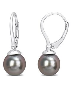 AMOUR 8-8.5mm Black Tahitian Cultured Pearl & Diamond Accent Leverback Earrings In Sterling Silver