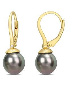 AMOUR 8-8.5mm Black Tahitian Cultured Pearl & Diamond Accent Leverback Earrings In Yellow Plated Sterling Silver