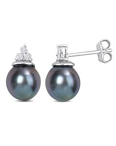 AMOUR 8-8.5mm Black Tahitian Cultured Pearl and 1/8 CT TW Diamond Stud Earrings In Sterling Silver