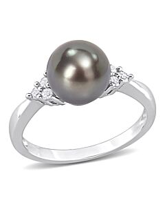 Amour 8-8.5mm Black Tahitian Pearl and 1/8 CT TDW Diamond Ring in Sterling Silver