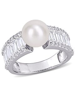 Amour 8-8.5mm Cultured Freshwater Pearl and 2 2/5 CT TGW Created White Sapphire Engagement Ring in Sterling Silver