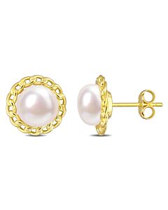 AMOUR 8-8.5mm Cultured Freshwater Pearl Halo Link Stud Earrings In Yellow Plated Sterling Silver